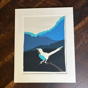 Blue and White Bird Graphic Art Print Artist Signed Numbered 2/8 Modern 16x20